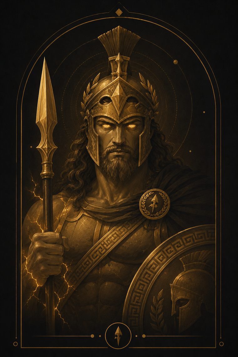 Ares, helmed, holding a spear and shield