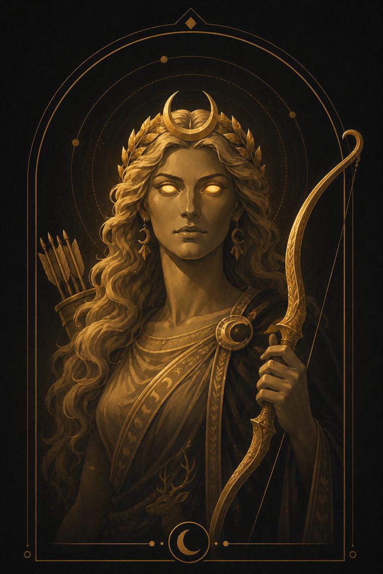 Artemis, crescent-crowned, holding a golden bow