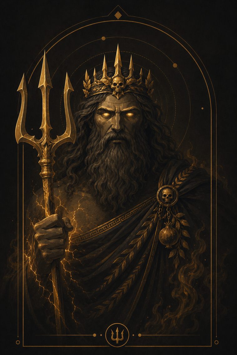 Hades, skull-crowned, holding a dark bident