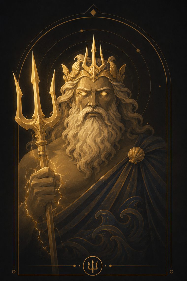 Poseidon, crowned with a trident, holding a golden trident