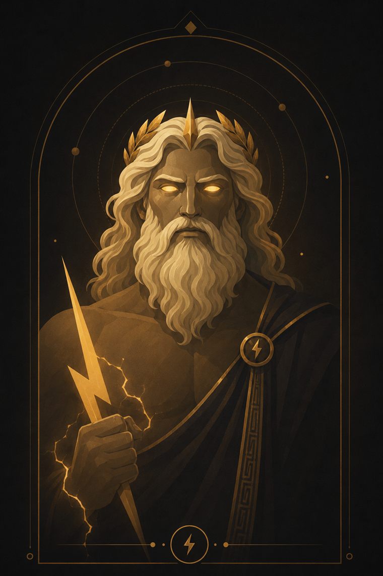 Zeus, laurel-crowned, holding a golden lightning bolt